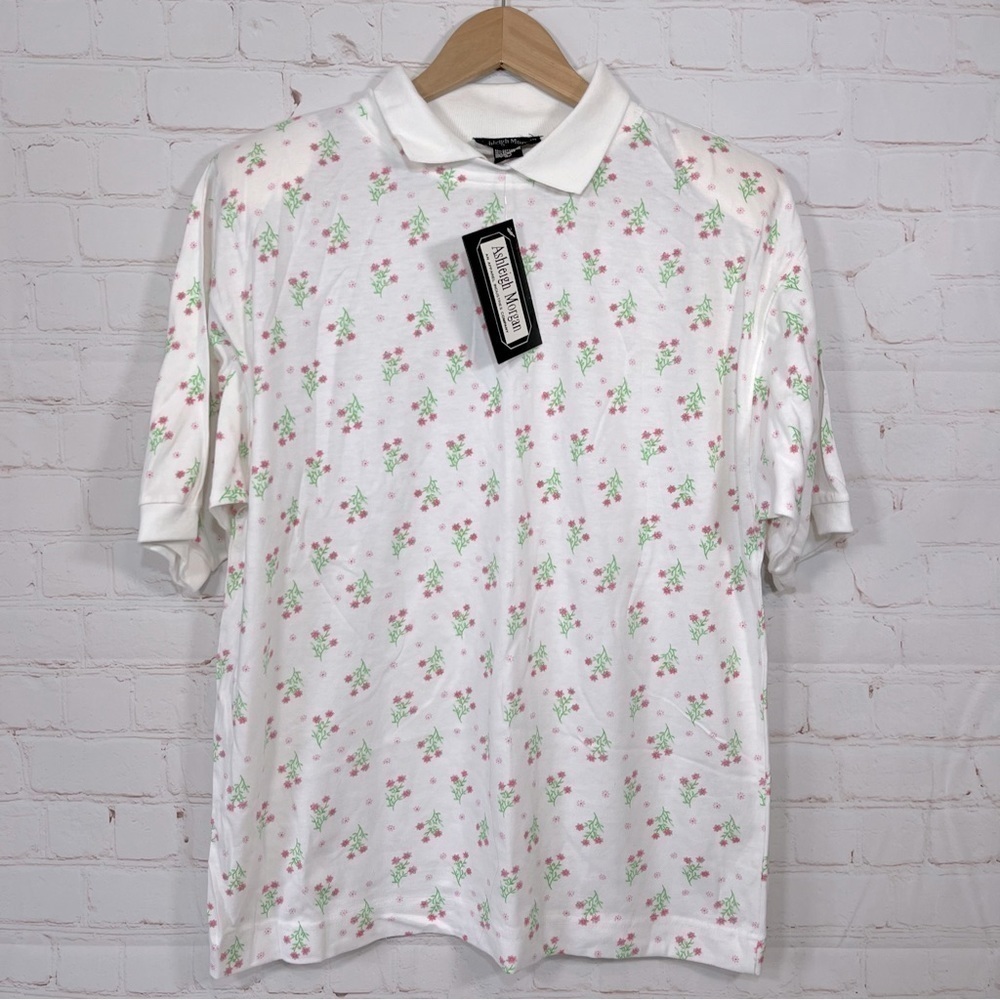 Vintage Ashleigh Morgan Shirt Womens Large White Floral Collared Shoulder Pads
